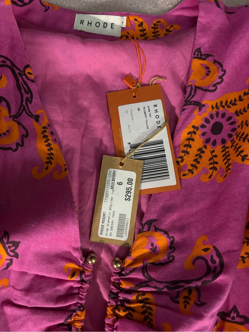 RHODE Pink Floral Puff-Sleeve Peplum Blouse with Orange Accents - Picture 2 of 3